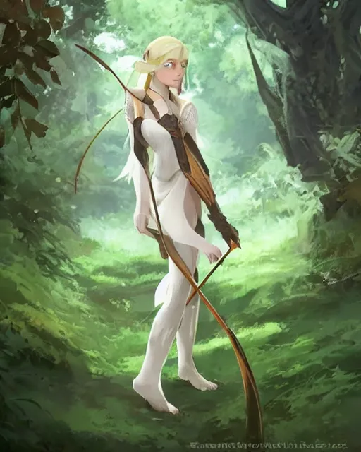 Image similar to a female elven tribe hunter, white standing in a green, luscious forest. Holding a bow in her left hand. Atmospheric lighting. By Makoto Shinkai, Stanley Artgerm Lau, WLOP, Rossdraws, James Jean, Andrei Riabovitchev, Marc Simonetti, krenz cushart, Sakimichan, D&D trending on ArtStation, digital art.