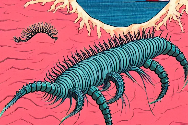 Image similar to ukiyoe painting of in a cambrian era ocean crawls an anatomically correct hallucigenia upon pink sand, trending on artstation