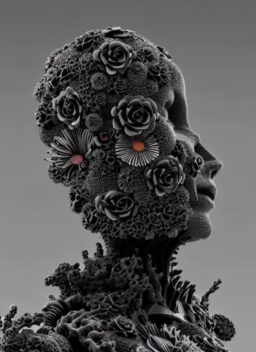 Image similar to biomechanical black statue made of corals, daisies, roses, well contoured smooth fair walls carrying perfume bottle, up close shot, sharp focus, global illumination, radiant light, alexandre ferra white mecha, irakli nadar, octane highly render, 4 k, ultra hd,