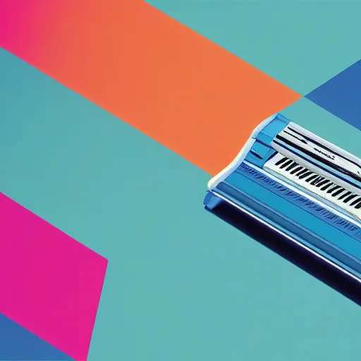 Prompt: casio keyboard 8 0 s commercial graphic, neon blue grid disappearing into the horizon, analog elements, professional magazine ad