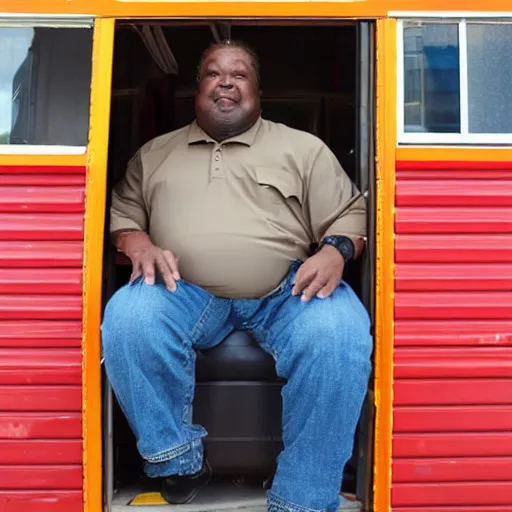 Prompt: african american male school bus driver with dreads, and chubby legs