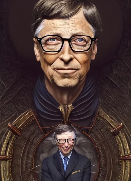 Image similar to symmetry!! portrait of bill gates as satan, fantasy, medieval wear, intricate, elegant, highly detailed, digital painting, artstation, concept art, smooth, sharp focus, illustration, art by artgerm and greg rutkowski and alphonse mucha