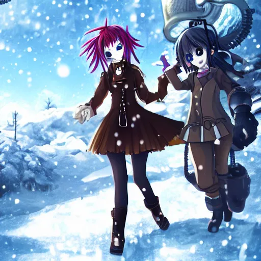 Prompt: anime girl with steampunk weapons and a robotic companion walking though a snowy tundra forest, extremely detailed, anime, anime background, intense, particles, cinematic lighting,