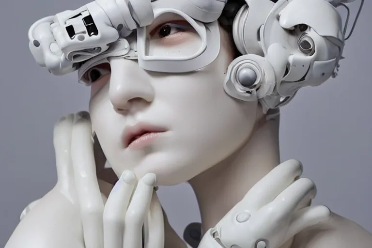 Image similar to full head and shoulders, beautiful female porcelain sculpture with lots of 3 d cyborg elements, prosthetics, 3 d goggles, smooth, all white features on a white background, delicate facial features, white eyes, white lashes, detailed white, anatomical, by daniel arsham and james jean