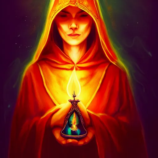 Image similar to ( a priestess with a hood that covers half her face carries an incense burner that emits a pleasantly colored flame. ) by anato finnstark, dream, full body portrait, dynamic lighting, beautiful, trending on artstation, wallpaper, 4 k, award winning, digital art, very detailed faces