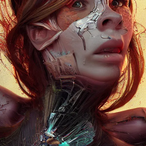 Prompt: Subsequent layers peeling back to reveal a woman's cybernetic skin, digital art extreme detail, octane render, 8k, by Dave McKean and artgerm and Ilya Repin