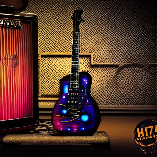 Prompt: guitar on a stand on a stage with a guitar amp, the guitar is futuristic steampunk style, textured with gears and tubes, 8 k, fluorescent colors, halluzinogenic, multicolored, exaggerated detailed, unreal engine - h 7 6 8