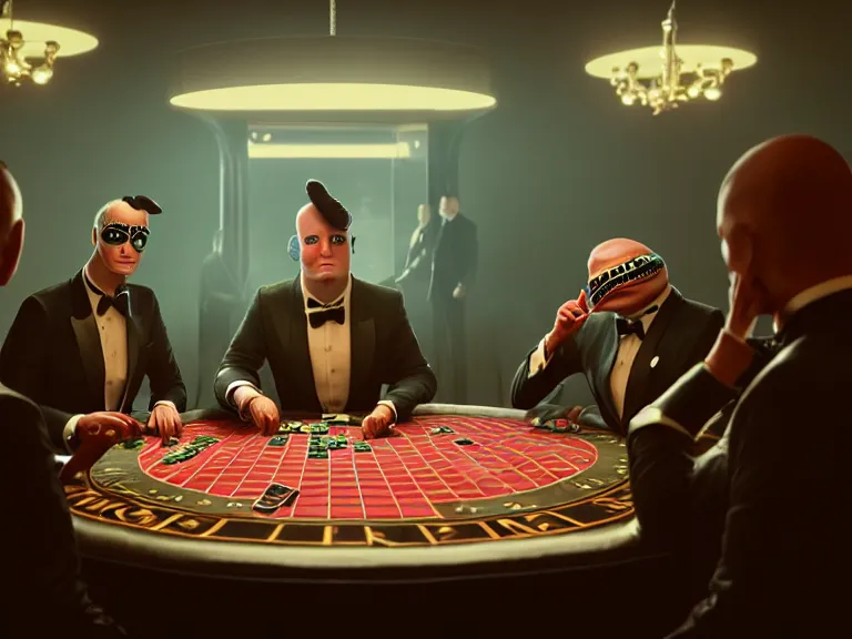 Image similar to hyperrealism simulation highly detailed human turtles'wearing detailed tuxedos and smoking, playing poker in surreal scene from cyberpunk movie from future by wes anderson and denis villeneuve and mike winkelmann rendered in blender and octane render