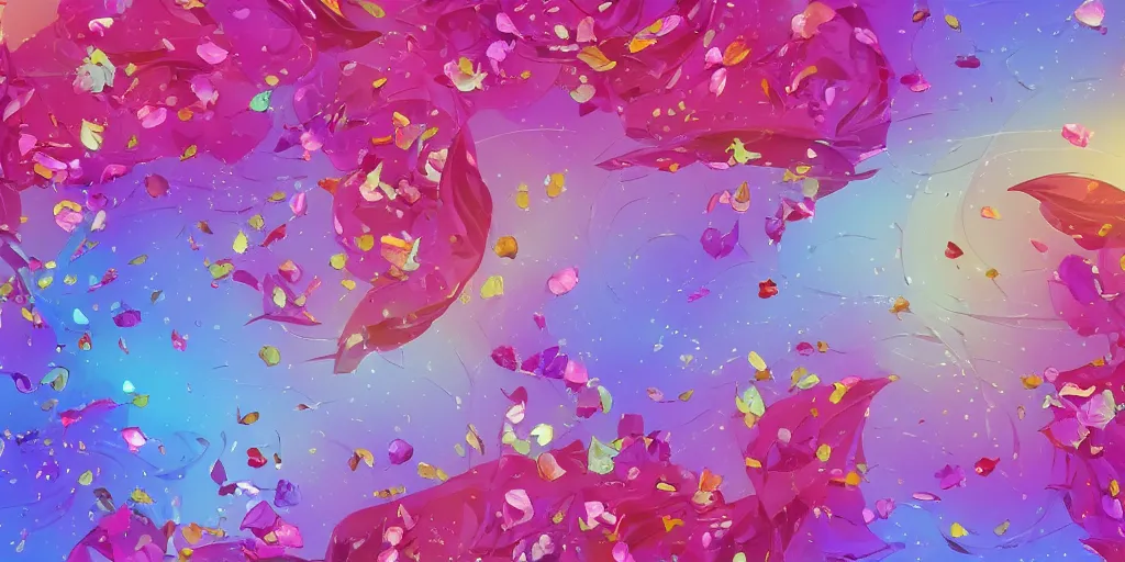 Image similar to background art of spaciously scattered flower petals flowing and floating through the blowing swirling directional wind from left to right on a simple sunset background, large individual rose petals, angular background elements, polygonal fragments, anime, artgerm, manga, trending on artstation, art nouveau, mature color scheme