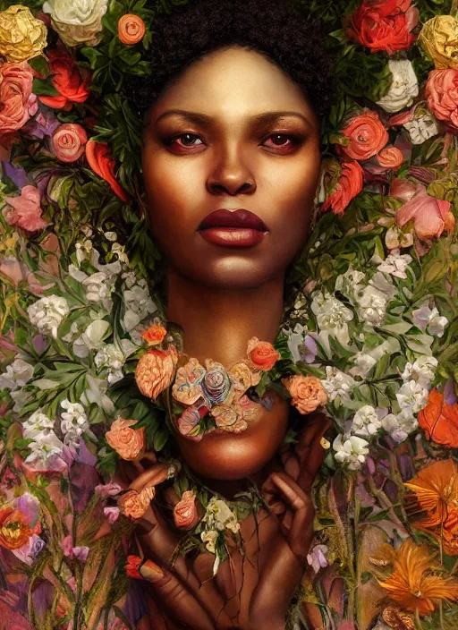 Image similar to portrait of the african queen of the underworld, surrounded by flowers by karol bak, james jean, tom bagshaw, rococo, sharp focus, trending on artstation, cinematic lighting, hyper realism, octane render, 8 k, hyper detailed.