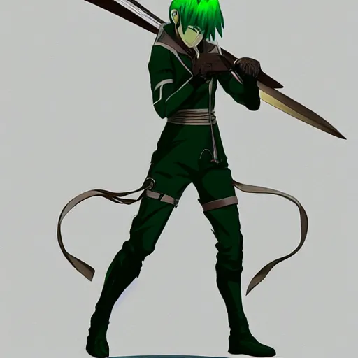 Image similar to anime fencer, green hair, male, character design, artstation, illustration