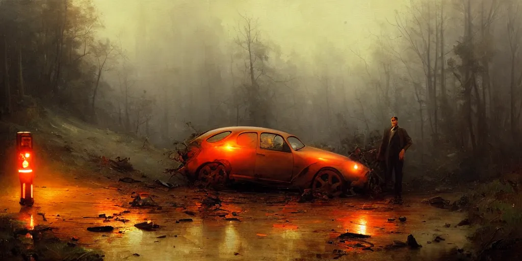 Prompt: a crashed car on a mountain road in 1 9 4 0 with red light on, sunny day, a men stand up next to the car, mystical orange fog, oil on canvas, art by andreas achenbach, clemens ascher, tom bagshaw and sabbas apterus,