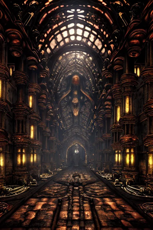 Image similar to steam necropolis, memento mori, gothic, neo - gothic, art nouveau, hyperdetailed copper patina medieval icon, philippe druillet, ralph mcquarrie, concept art, steampunk, unreal engine, detailed intricate environment, octane render, moody atmospheric, volumetric lighting