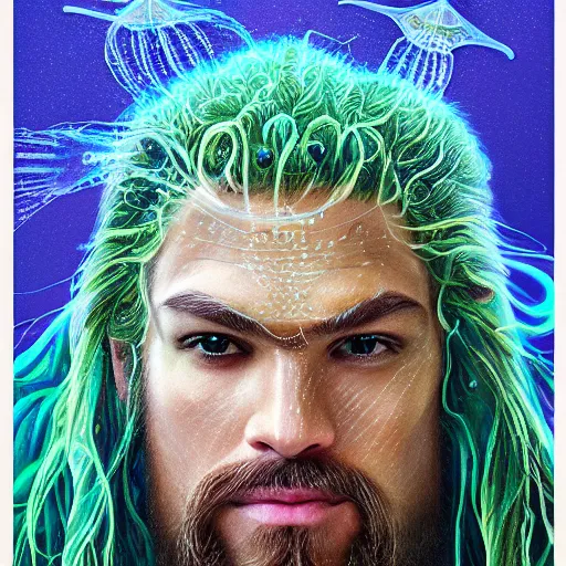 Prompt: intricate five star portrait of aquaman as a jellyfish man, oil on canvas, hdr, high detail, photo realistic, hyperrealism, matte finish, high contrast, 3 d depth, centered, masterpiece, grain and gentle colors, enhanced light effect, enhanced eye detail, artstationhd