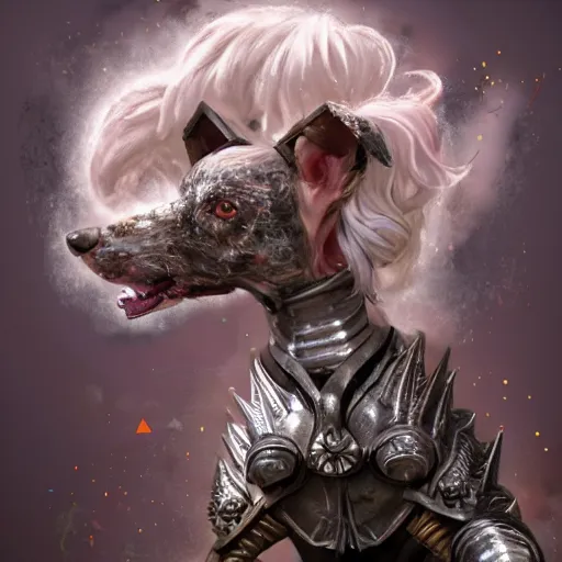 Image similar to Chinese crested powderpuff dog, armour, Anthropomorphized, casting epic spell, magic the gathering artwork, D&D, fantasy, cinematic lighting, centered, symmetrical, highly detailed, digital painting, artstation, concept art, smooth, sharp focus, illustration, volumetric lighting, epic Composition, 8k, art by Akihiko Yoshida and Greg Rutkowski and Craig Mullins, heroic pose, oil painting, cgsociety, magic lab background