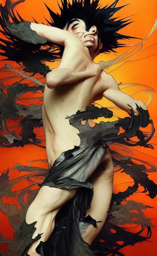 Image similar to a mad guy with spike black hair, orange spike aura in motion, damaged japanese clothes, floating pieces, painted by art by tsuyoshi nagano, greg rutkowski, artgerm, alphonse mucha