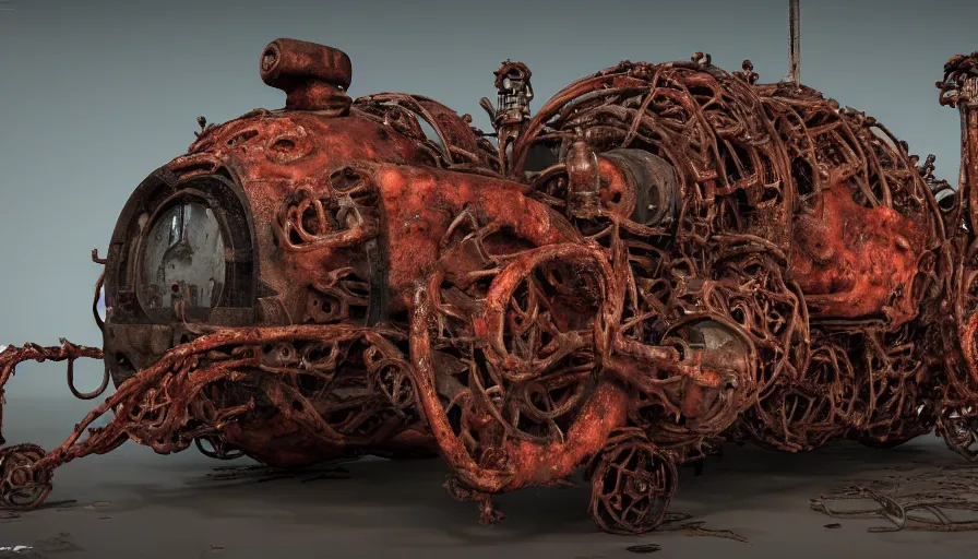 Image similar to Techno-biological rusty modern double cannon tank consisting of tumors, meat, veins, bones, guts, kidneys, wires. Biopunk, body-horror, high detail, photorealism, full length view, very rust, concept art, octane render, 16k, 8k