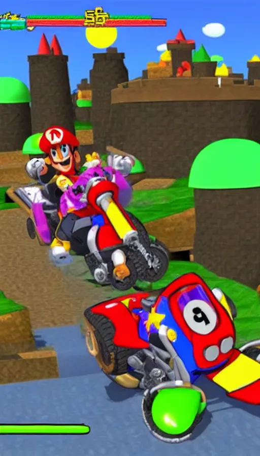 Prompt: shantae racing on mach bike in bowser’s castle mario kart 64