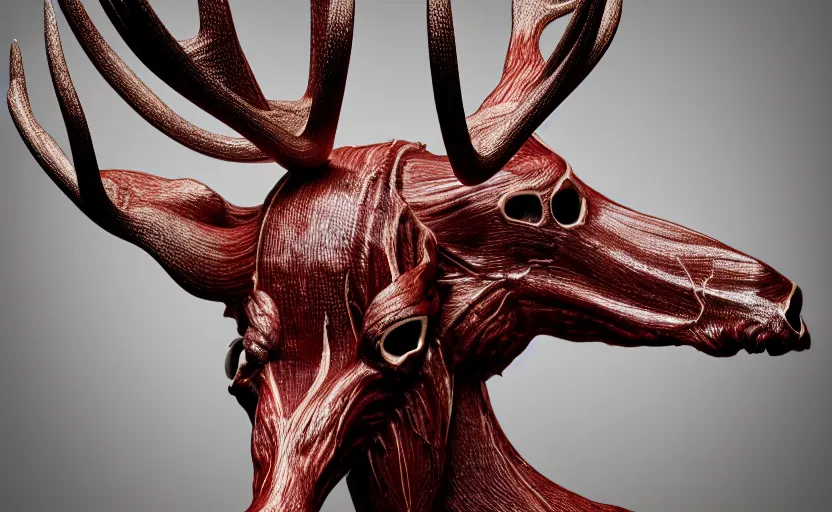 Image similar to stylized shiny polished silver statue bizarre cosmic horror quadruped animal moose deer skull four legs made of slug creature tendrils, perfect symmetrical body, perfect symmetrical face, hyper realistic, hyper detailed, by johannen voss, by michelangelo, octane render, blender, 8 k, displayed in pure white studio room anatomical deep red arteries veins spaghetti flesh