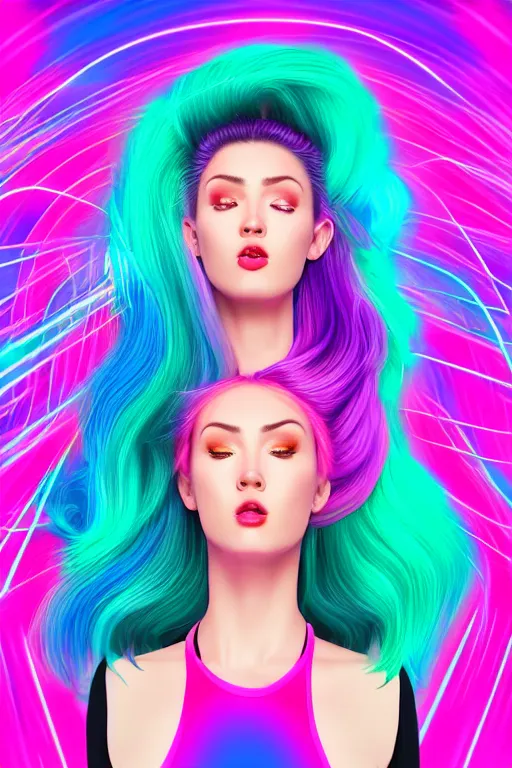 Image similar to a award winning half body portrait of a beautiful woman in a croptop and cargo pants with ombre purple pink teal hairstyle with head in motion and hair flying, surrounded by whirling illuminated lines, outrun, vaporware, shaded flat illustration, digital art, trending on artstation, highly detailed, fine detail, intricate