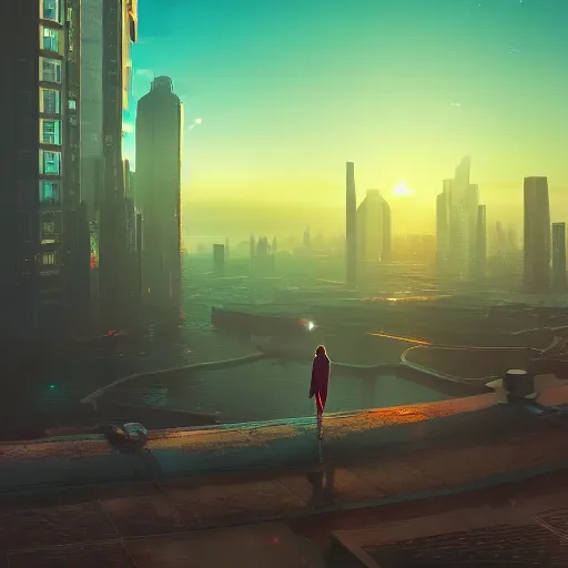 Image similar to alone person tempted by the desperate call of the void, futuristic cityscape, wide shot unreal 5 render, studio ghibli, vivid colors, beautiful sunset, digital art, octane render, beautiful composition, trending on artstation, award winning photograph, masterpiece