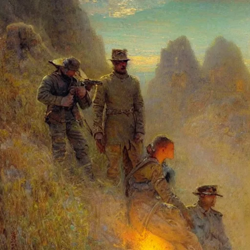 Image similar to Gaston Bussiere painting of tired and battered soldiers looking up and observing the first rays of sunlight during dawnbreak, dramatic painting, dark, scary, hopeful