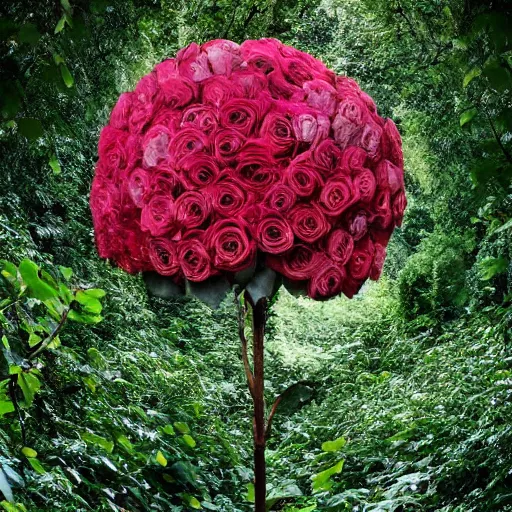 Prompt: inside the jungle of tree - sized roses
