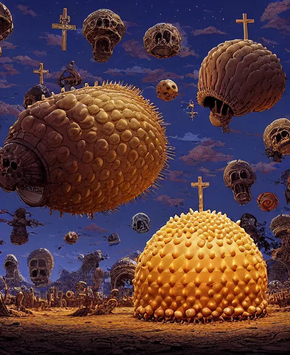 Image similar to inflated church made from obese urchin mollusks, in the style of a puffy spaceship, skeletons, bones, partly cloudy, spooky, dramatic lighting, by geof darrow, bill sienkiewicz, dan mumford, yusuke murata, makoto shinkai, ross tran, cinematic, unreal engine, cel shaded, featured on artstation, pixiv