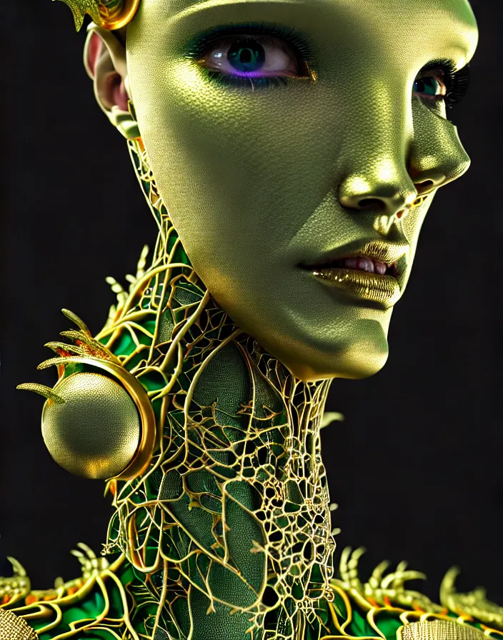 Prompt: complex 3 d render of a beautiful symmetric porcelain cyberpunk ai face, green and gold, fractal veins, vegetal dragon cyborg, 1 5 0 mm, beautiful natural soft light, rim light, silver gold fractal details, roots, fine lace, mandelbot fractal, anatomical, glass, facial muscles, elegant, ultra detailed, metallic armor, octane render