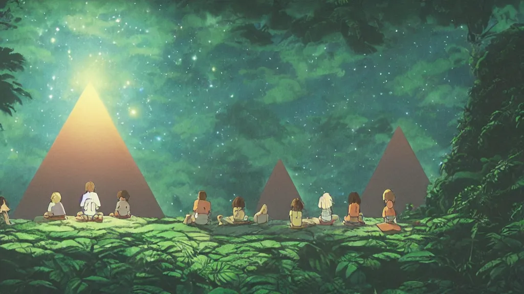 Prompt: a movie still from a studio ghibli film showing a glowing pyramid in the rainforest. a group of giant aliens meditate outside on a misty and starry night. by studio ghibli