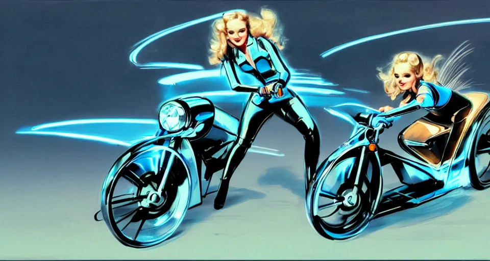 Image similar to Tuesday Weld riding TRON Lightcycle in TRON fanciful whimsical motorcycle in Concept Art by Ric Heitzman, Syd Mead