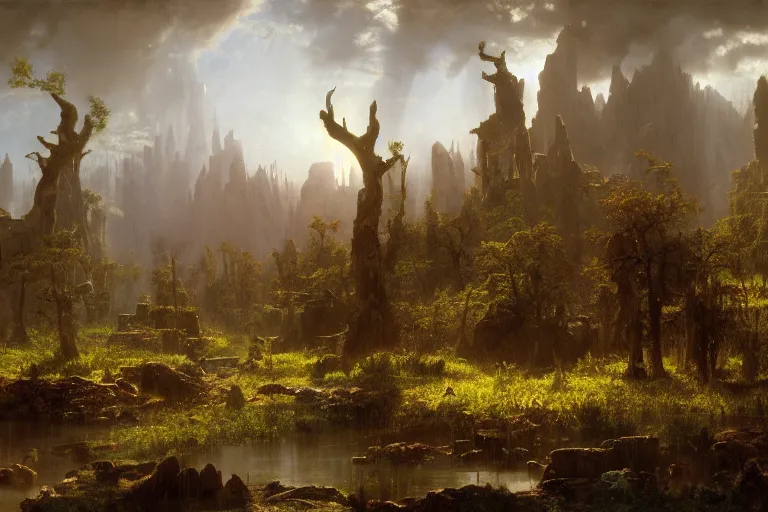 Image similar to painting of a post - apocaliptic wonderland by albert bierstadt, matte painting, unreal engine, 8 k resolution, beautiful, dark ambient