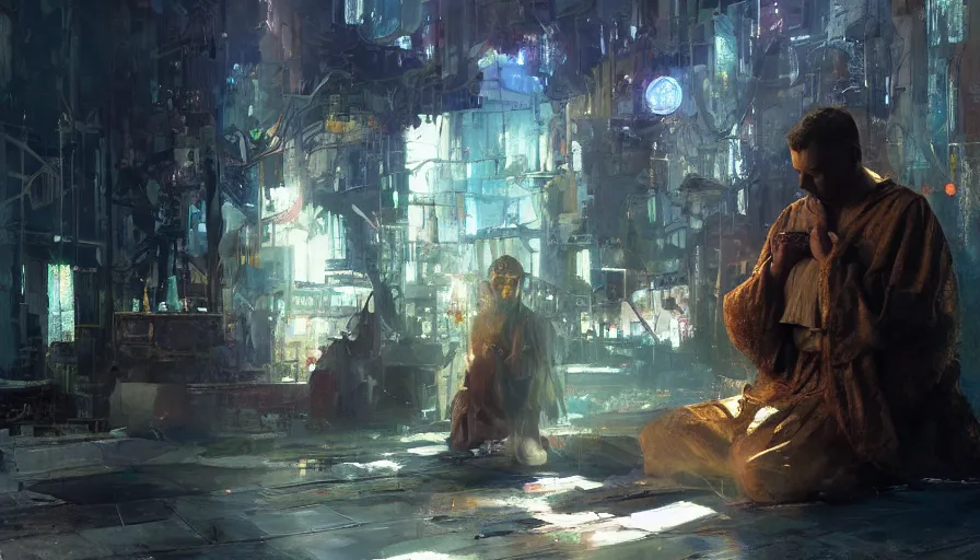 Image similar to craig mullins a man in robes kneels and prays, the sun's holy light shines down upon him, colorful, solarpunk, cyberpunk, unreal engine, hyper realism, realistic shading, cinematic composition, realistic render, octane render, detailed textures, photorealistic, wide shot