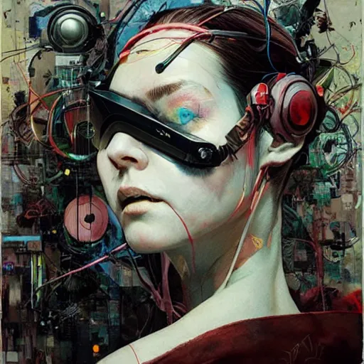 Image similar to woman in a vr headset, cyberpunk in the style of adrian ghenie, esao andrews, jenny saville, surrealism, dark art by james jean, takato yamamoto