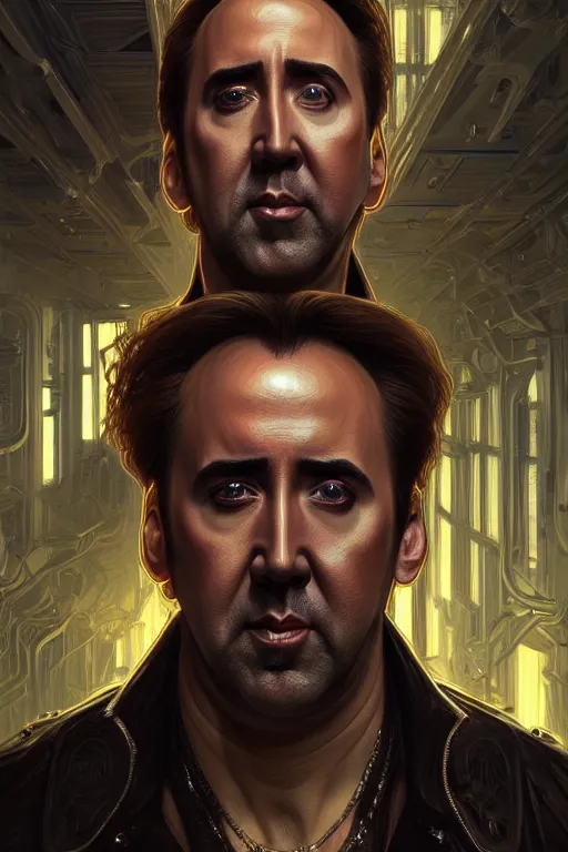 Image similar to nicolas cage mechanical android!, half portrait, intricate detailed environment, photorealistic!, intricate, elegant, highly detailed, digital painting, artstation, concept art, smooth, sharp focus, illustration, art by artgerm and greg rutkowski and alphonse mucha