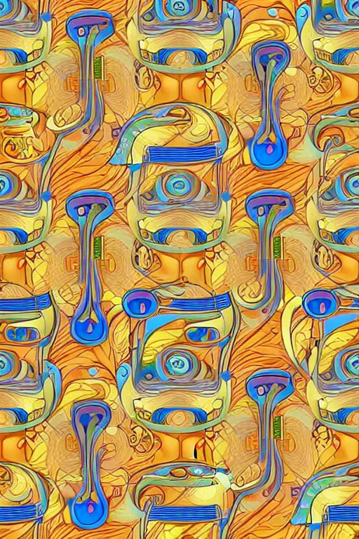 Prompt: seamless 2 d pattern of abstract musical instruments, highly detailed, designed by tarsila do amaral and alphonse mucha, graphic design, 8 k, 4 k