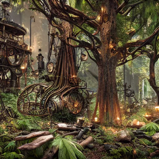 Prompt: steampunk forest. high details. 8K. detailed. photorealism. artstation. well lit. digital render. intricate. ultra realistic