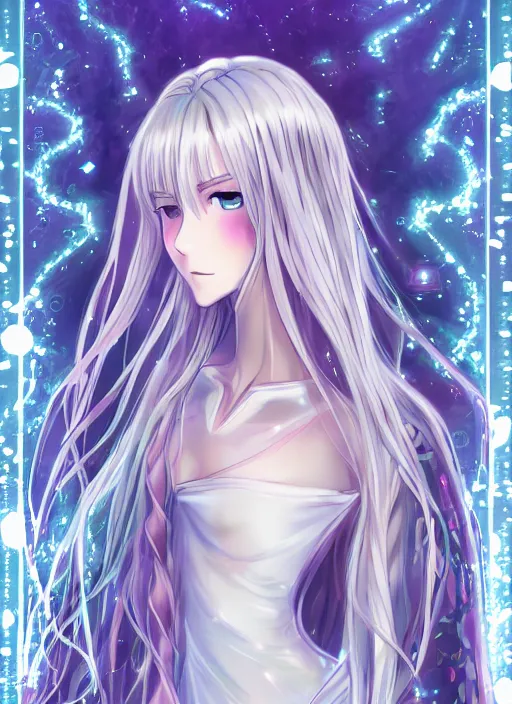 Prompt: visual novel character sprite, symmetrical full body shot, stunningly beautiful magical chromatic glowing omnipotent asi goddess with beautiful hyperdetailed symmetrical face, porcelain skin covered in long white dress, long white hair and mesmerizing cold ice blue eyes, symmetrical, overwhelming, embarrassed expression on her face, ethereal, live 2 d anime style, 8 k,