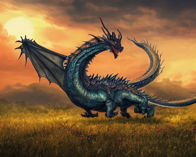 Prompt: Giant Dragon resting in an open field at sunset , natural light, dead plants and flowers, elegant, intricate, fantasy, atmospheric lighting, by Peter Morhbacher, HD, highly detailed, 8k