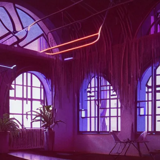 Prompt: 80s interior with arched windows, neon lighting, sunlight, summer, hanging plants, cinematic, cyberpunk, lofi, calming, dramatic, fantasy, by Moebius, by zdzisław beksiński, Fantasy LUT, epic composition, sci-fi, dreamlike, surreal, angels, cinematic, 8k, unreal engine, fantasy concept art,