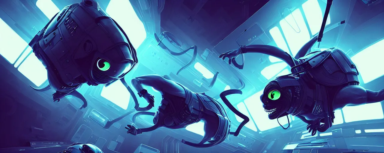 Image similar to duotone noir scifi concept dynamic illustration of 3 d mesh of alien cat inside box floating zero gravity glowing 3 d mesh portals futuristic, glowing eyes, octane render, surreal atmosphere, volumetric lighting. accidental renaissance. by sachin teng and sergey kolesov and ruan jia and heng z. graffiti art, scifi, fantasy, hyper detailed. trending on artstation