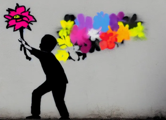 Image similar to a side profile of a black and white single boy holding colourful flowers in the style of Banksy on a white concrete background, graffiti, digital art