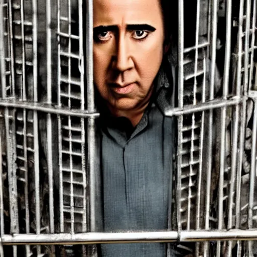 Prompt: Nicolas Cage trapped in a cage, photograph