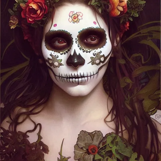 Prompt: realistic detailed painting of a cute Día de los Muertos girl by Alphonse Mucha HR Giger Ayami Kojima Amano Charlie Bowater, masterpiece