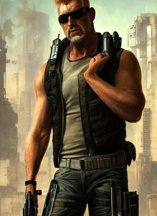 Image similar to duke nukem. cyberpunk mercenary in a military vest ( blade runner 2 0 4 9, cyberpunk 2 0 7 7 ). orientalist portrait by john william waterhouse and james gurney and theodore ralli and nasreddine dinet, oil on canvas. cinematic, hyper realism, realistic proportions, dramatic lighting, high detail 4 k