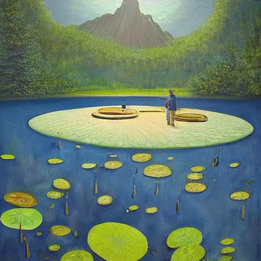 Image similar to a beautiful painting of a large underground lake with giant lily pads scattered across the surface with a rustic communal cabin sitting on an island with inviting lights illuminating the water and cave by moebius