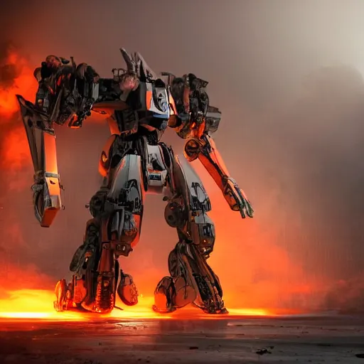 Prompt: failing mecha, dark messy smoke - filled cluttered workshop, dark, dramatic lighting, orange tint, cinematic, highly detailed, sci - fi, futuristic, movie still