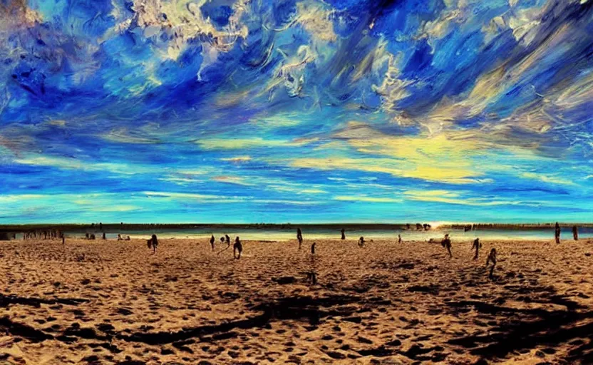 Image similar to sunny day at the beach blue sky big explosion on the horizon war apocalyptic realistic