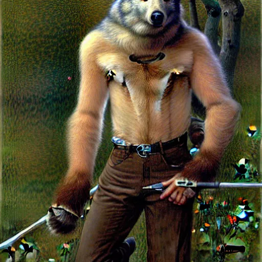 Image similar to a male boarman wolf man wearing a shirt and pants furry arms furry body walking stick new york. furaffinity furry art detailed face painting by gaston bussiere craig mullins jc leyendecker gustav klimt artgerm greg rutkowski furry