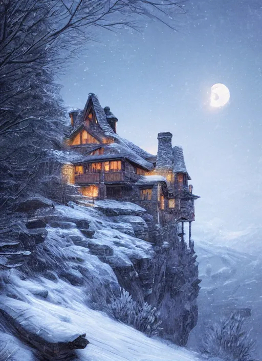 Image similar to a cabin castle on the top of a snowy mountain, crescent moon, greg rutkowski, 8 k, shallow depth of field, intricate detail, concept art,